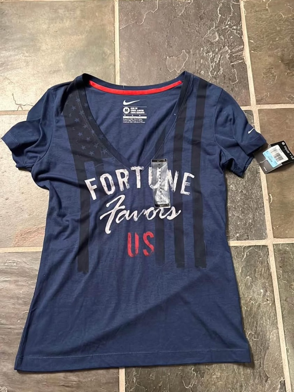Nike Women's Navy V-Neck 'Fortune Favors US' Graphic Tee